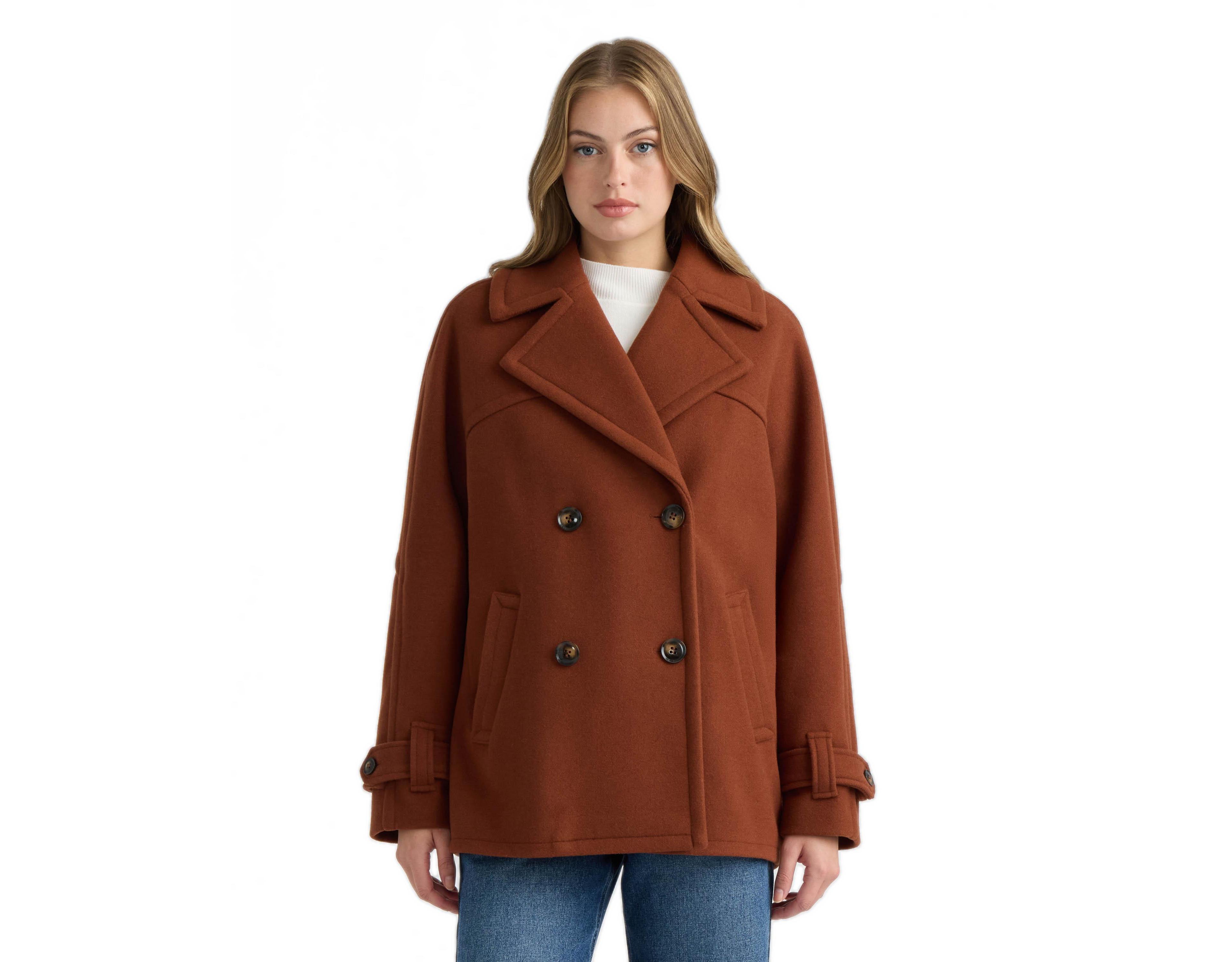 Nvlt Women's Faux Wool Db Short Coat with Large Notch Collar and Cuff Tab