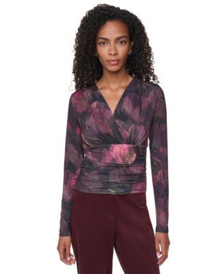 Women's Floral-Print Ruched Long-Sleeve V-Neck Blouse