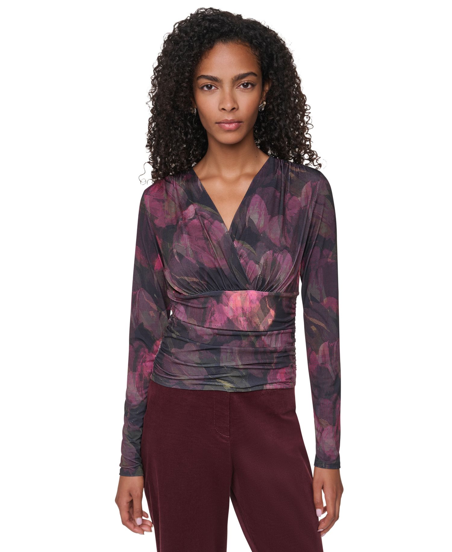Women's Floral-Print Ruched Long-Sleeve V-Neck Blouse