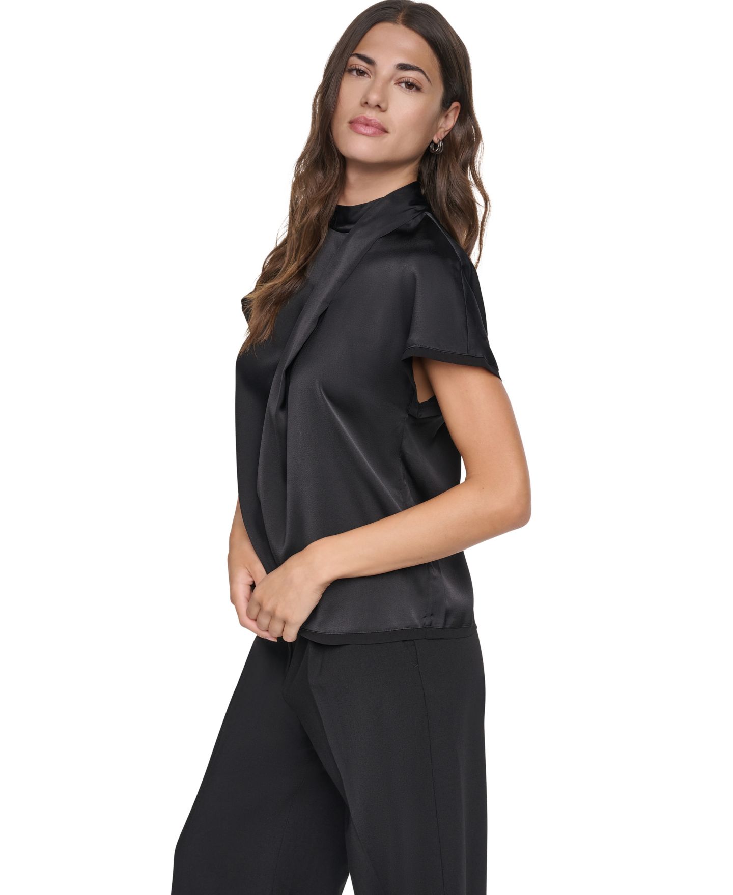 Женская блузка DKNY Short-Sleeve Mock-Neck Satin Blouse, цвет: Чёрный — фото 3