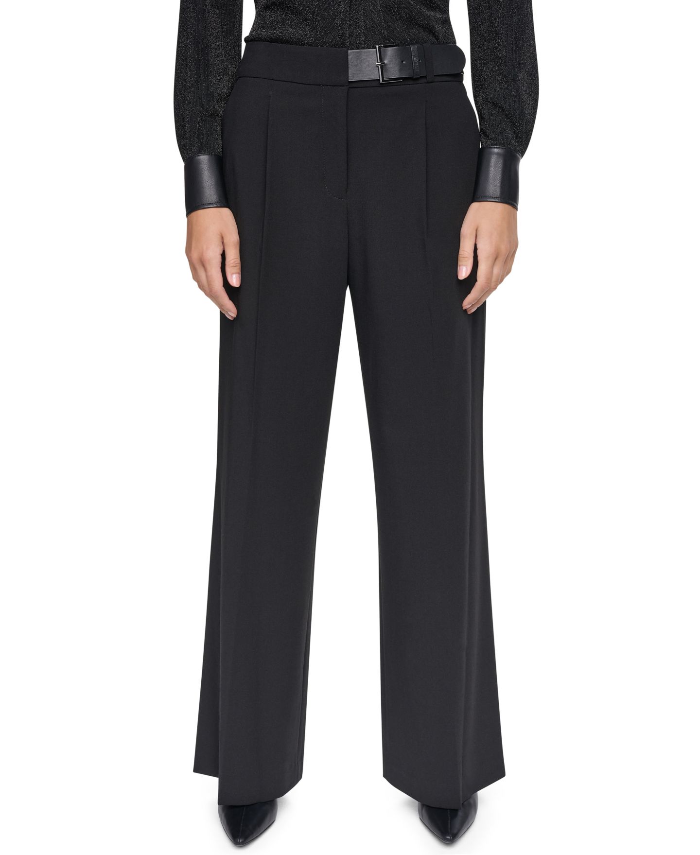 Женские брюки DKNY High-Waisted Wide-Leg Belted, цвет: Чёрный — фото 1