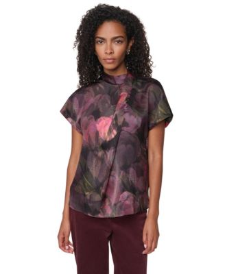 Women's Floral-Print Mock Neck Short-Sleeve Blouse