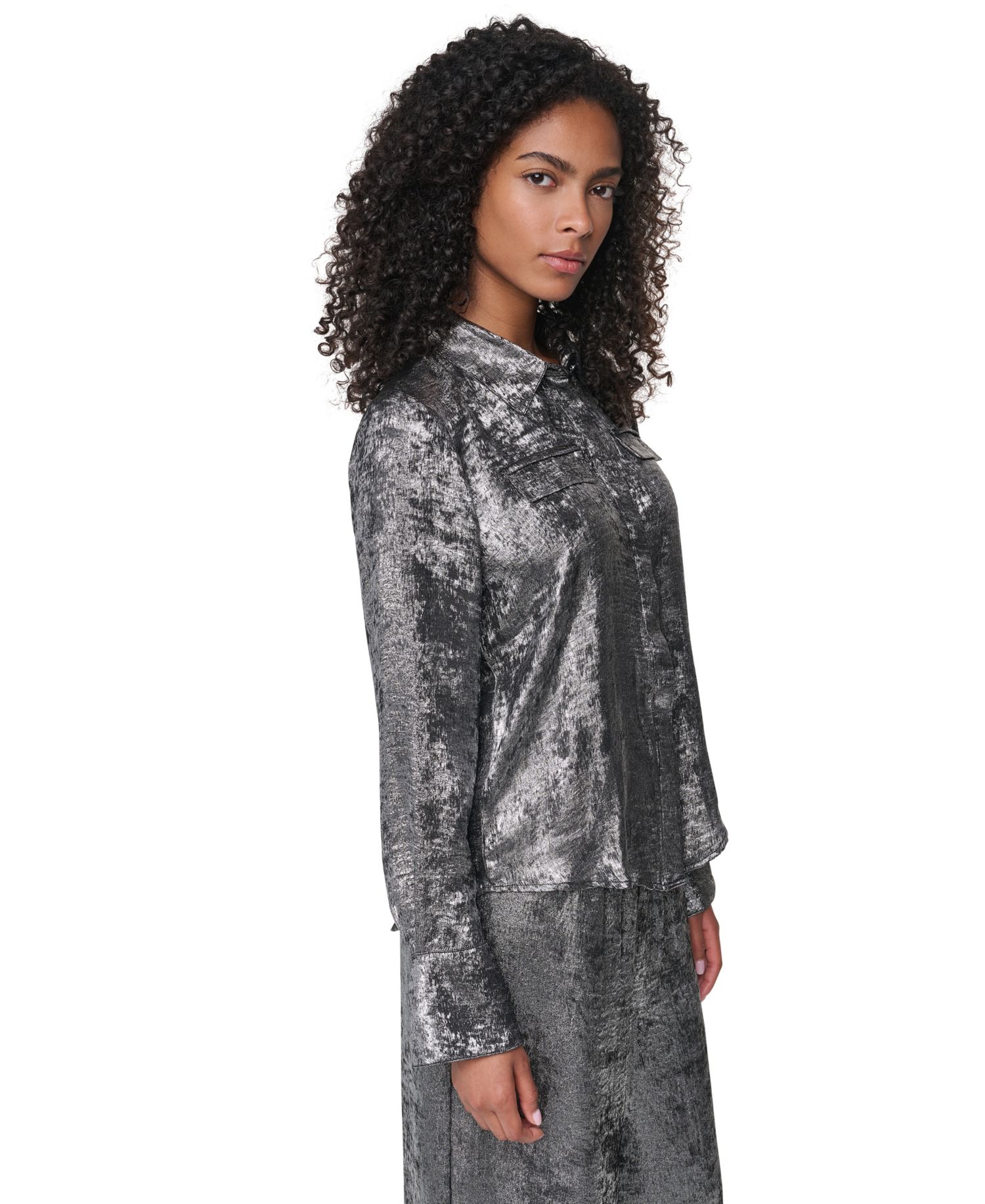 Women's Empire State Steel Long Long-Sleeve Collared Button-Front Blouse