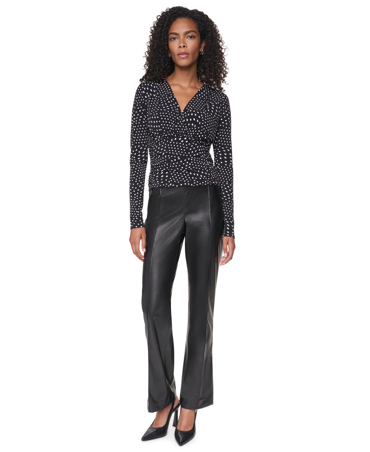 Женская блузка DKNY Long-Sleeve Polka-Dot V-Neck, цвет: Чёрный / Слоновая кость — фото 2