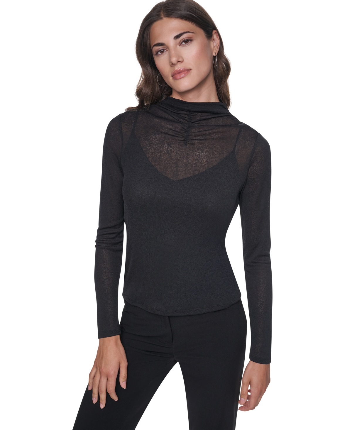 Dkny Women's Mock Neck Long Sleeve Sheer Blouse - Black
