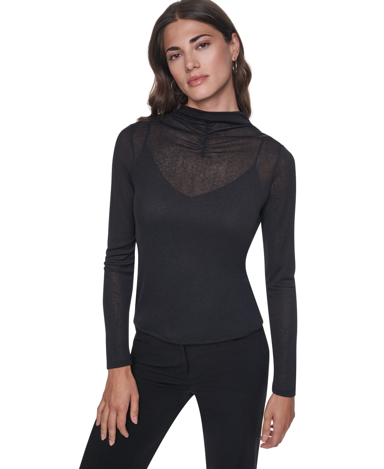 Women's Mock Neck Long Sleeve Sheer Blouse