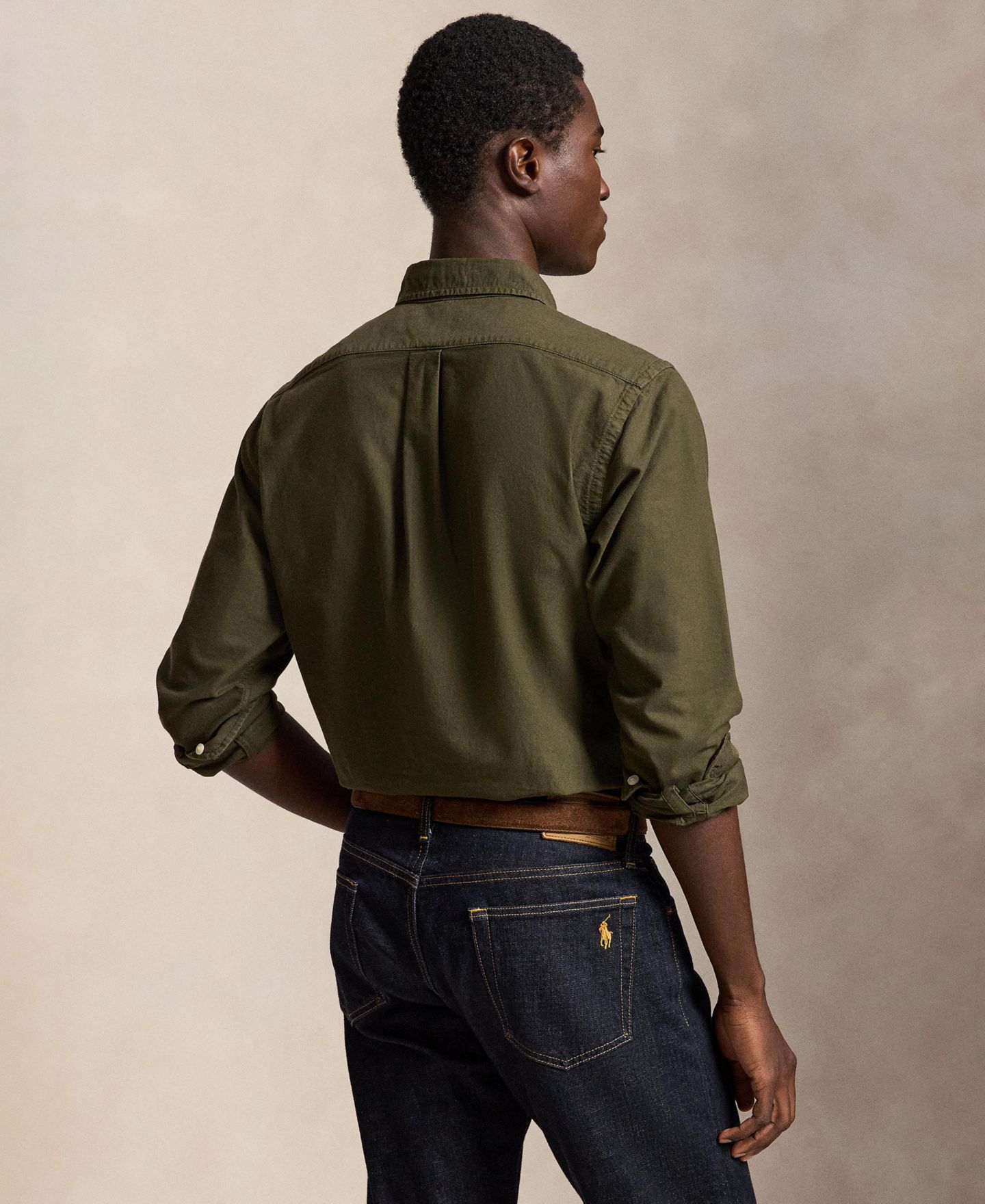 Мужская рубашка Polo Ralph Lauren Custom Fit Garment-Dyed Oxford, цвет: Оливковый — фото 4