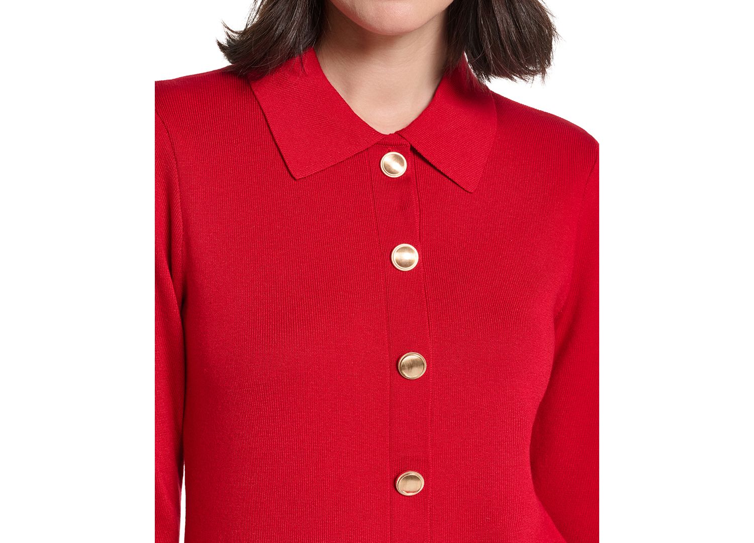 Petite Collared Button-Front Long-Sleeve Midi Dress