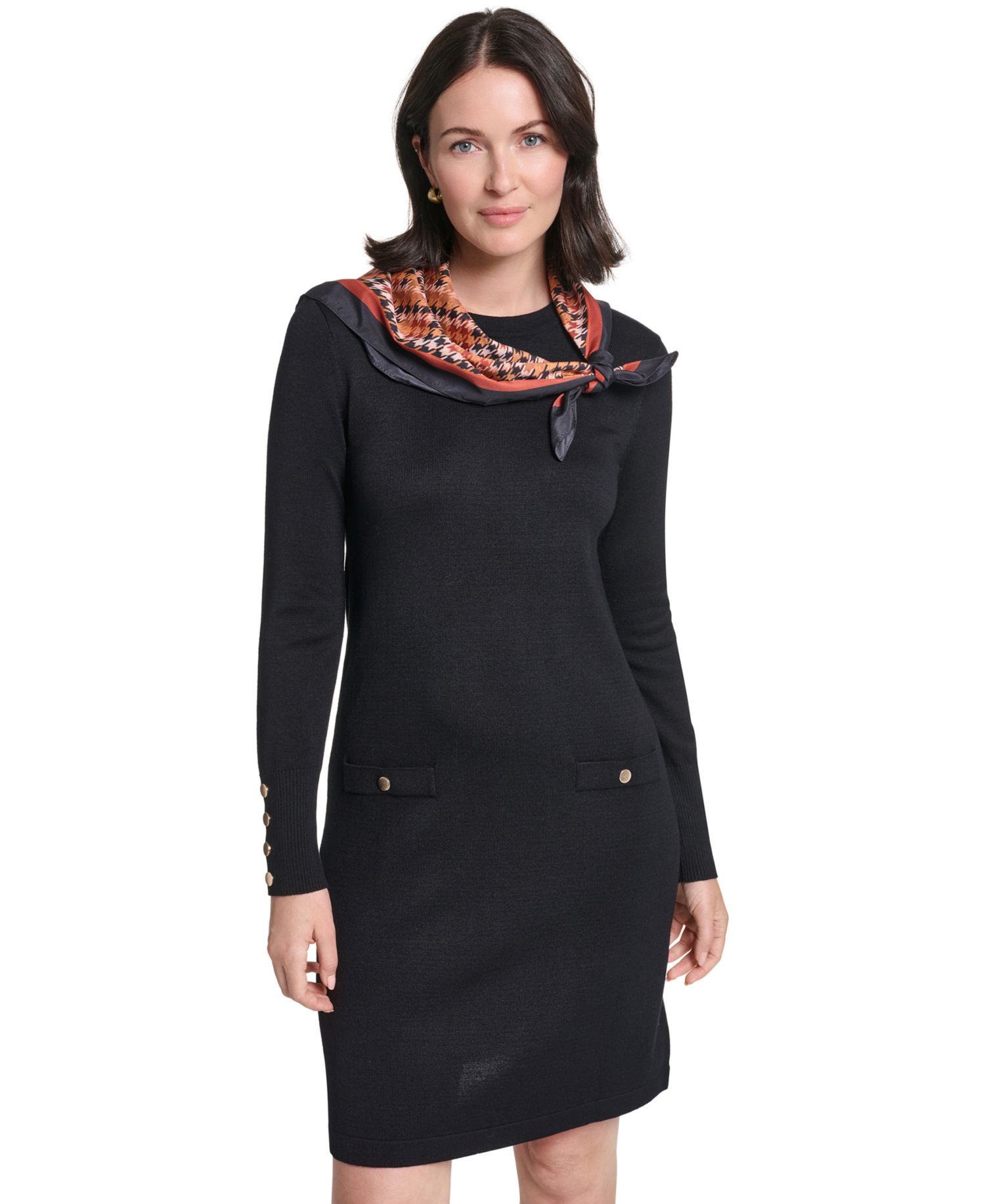 Women's Long-Sleeve Jewel-Neck Dress with Scarf