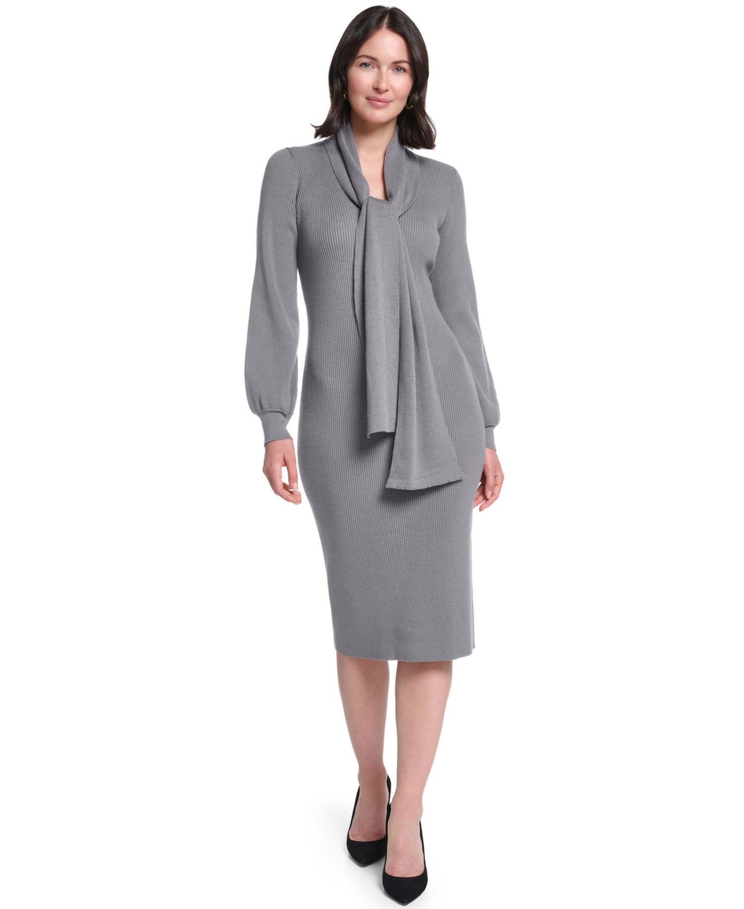 Women's Long-Sleeve Midi Attached Scarf Sweater Dress