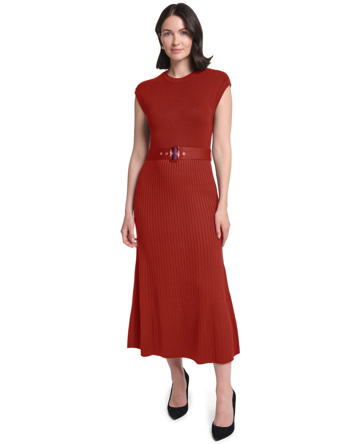 Jessica Howard Women's Belted Midi Ribbed Dress In Rust