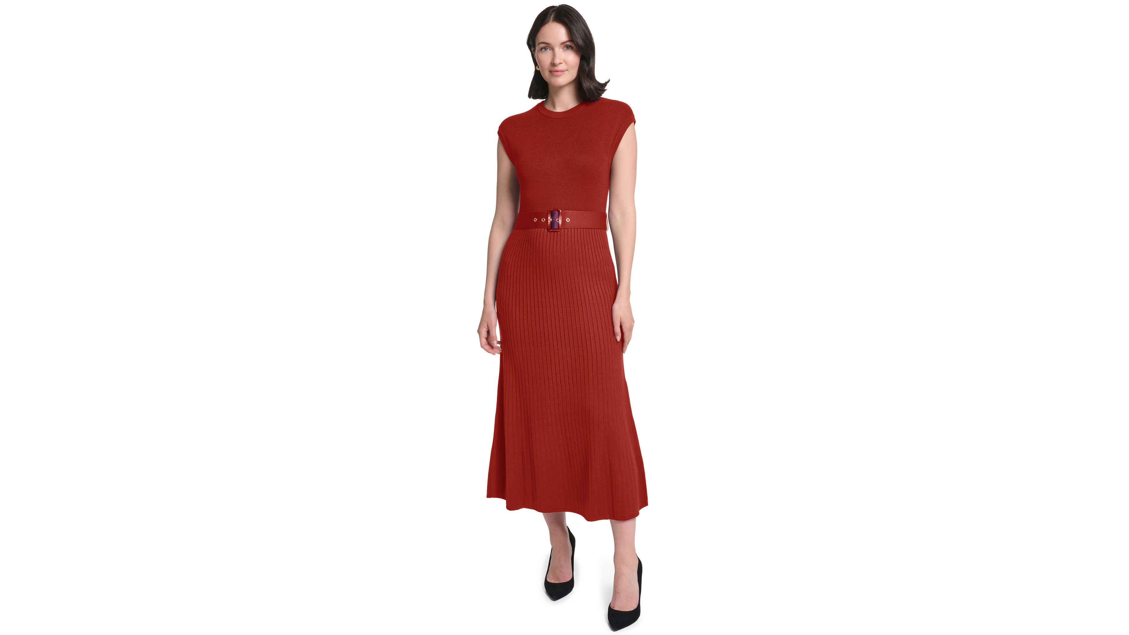 Jessica Howard Womens Belted Midi Ribbed Dress
