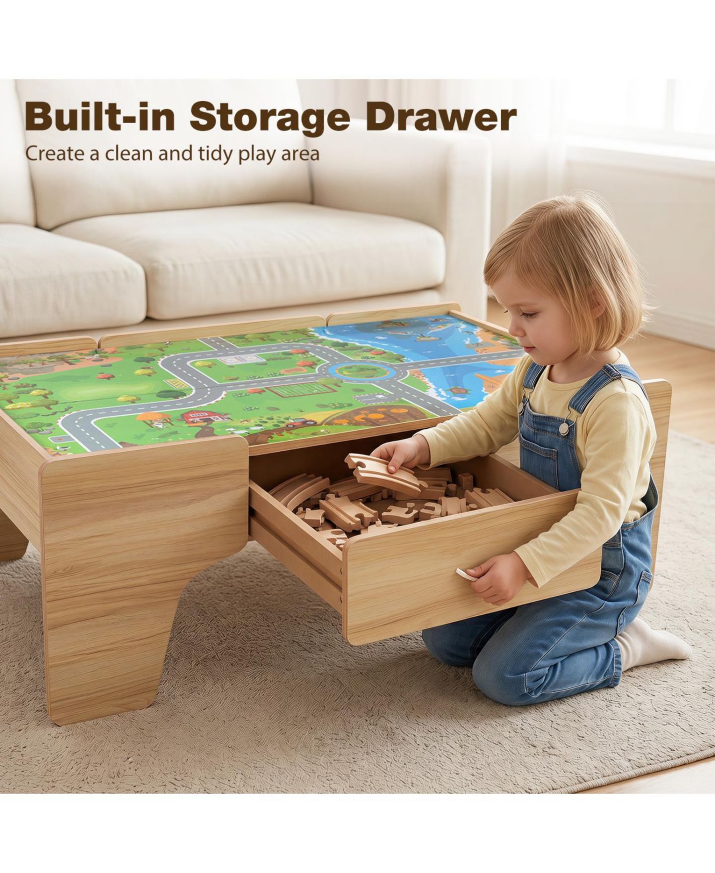 Детские игрушки HONGGE 110-Piece Wooden Train Table With Storage Drawer, цвет: Коричневый — фото 5
