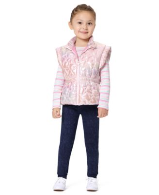 Girls' 4-16 Striped Long-Sleeve Puffer Vest, T-Shirt and Pants, 3-Piece Set