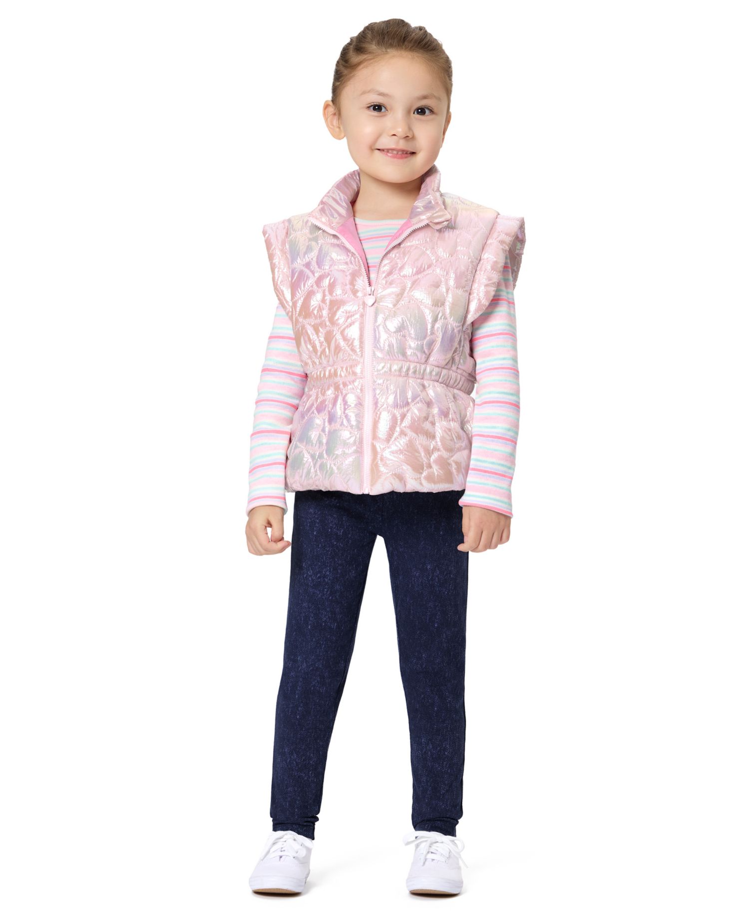 Girls' 4-16 Striped Long-Sleeve Puffer Vest, T-Shirt and Pants, 3-Piece Set