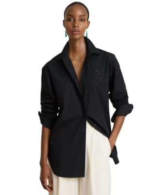 Women's Long-Sleeve Relaxed-Fit Rhinestone-Embellished Button-Up Shirt