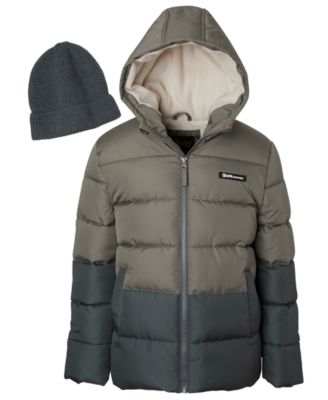 Toddler Boys' 2T-5T Hooded Colorblock Fleece-Lined Puffer Jacket and Sweater Knit Hat, 2-Piece Set