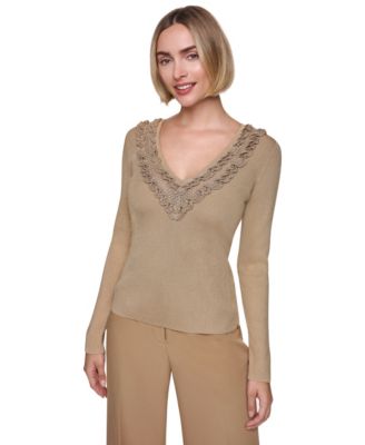 Women's V-Neck Ruffle-Detail Fitted Pullover