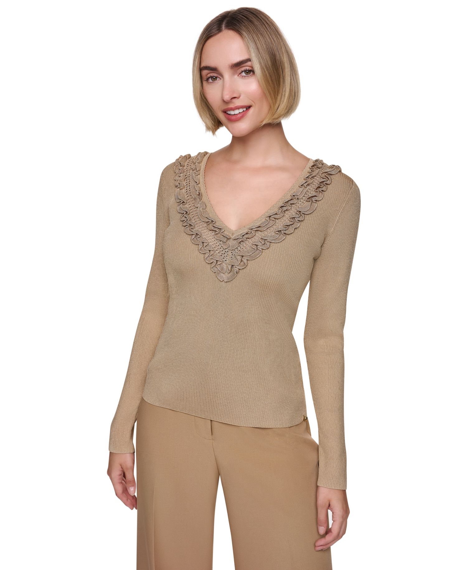 Women's V-Neck Ruffle-Detail Fitted Pullover