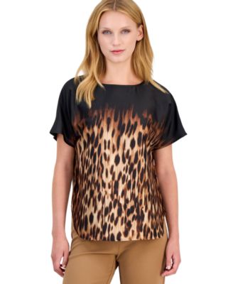 Petite Leopard-Print Bateau Neck Short-Sleeve Blouse