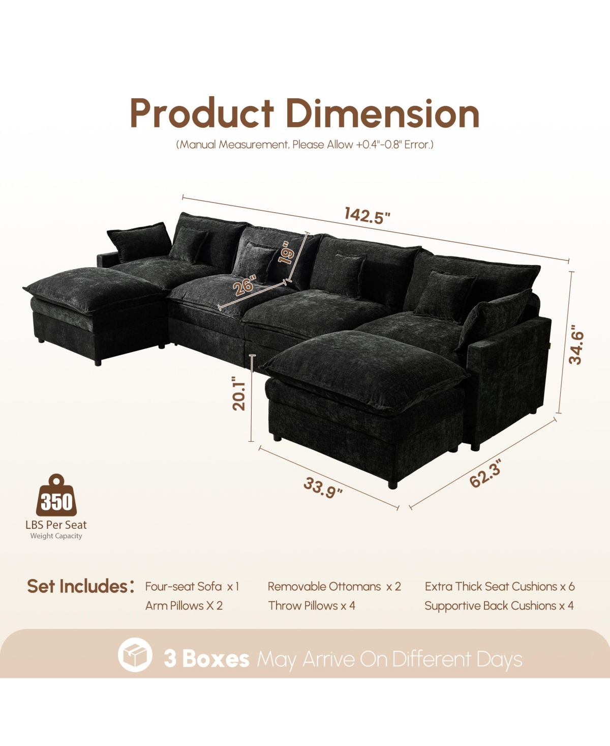Xizzi 143" U-Shaped Modular Sectional Sofa with 2 Ottoman, Comfy Chenille Cloud Couch Deep Seat Bed 6 Pillows for Living Room, 6-Seater