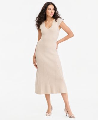 Women's Cap-Sleeve Pleated Fitted Midi Sweater Dress