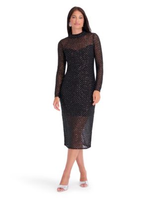 Women's Sequin Mesh Fitted Mock Neck Midi Dress