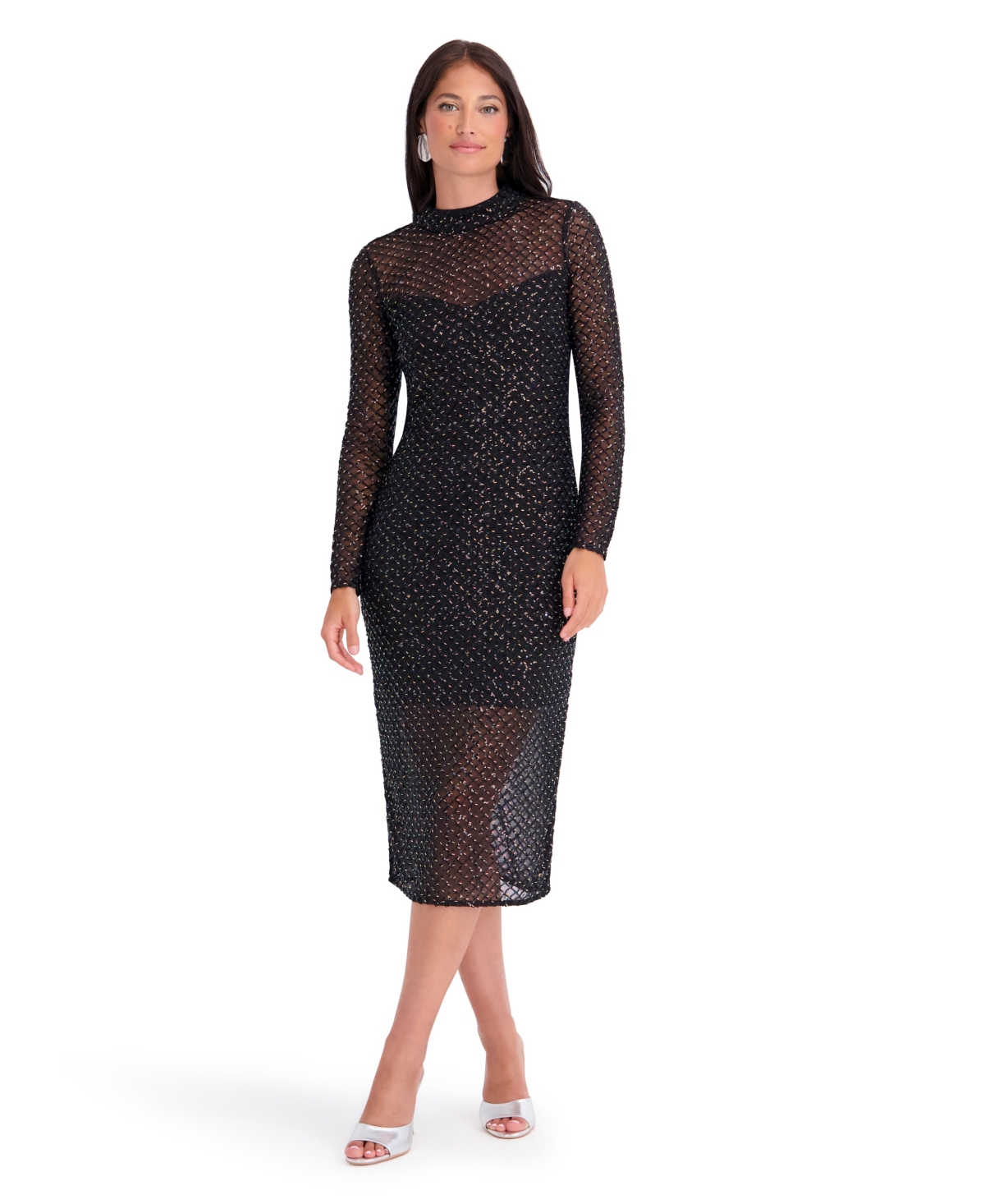 Siena Women's Sequin Mesh Fitted Mock Neck Midi Dress