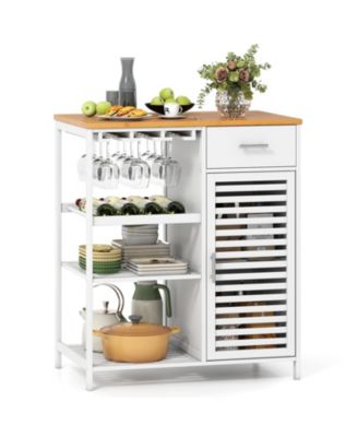 Coffee Bar Cabinet with Glass Holder Wine Rack Bamboo Top Drawer and Shelves