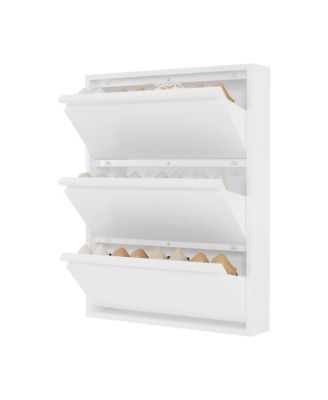 Wall-mounted metal shoe cabinet with 3 flip drawers, anti-tip carbon steel frame, ideal for narrow entryways, freestanding installation available