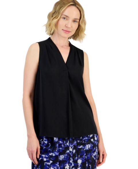 Женская блузка Kasper V-Neck Sleeveless Pleated, цвет: Чёрный