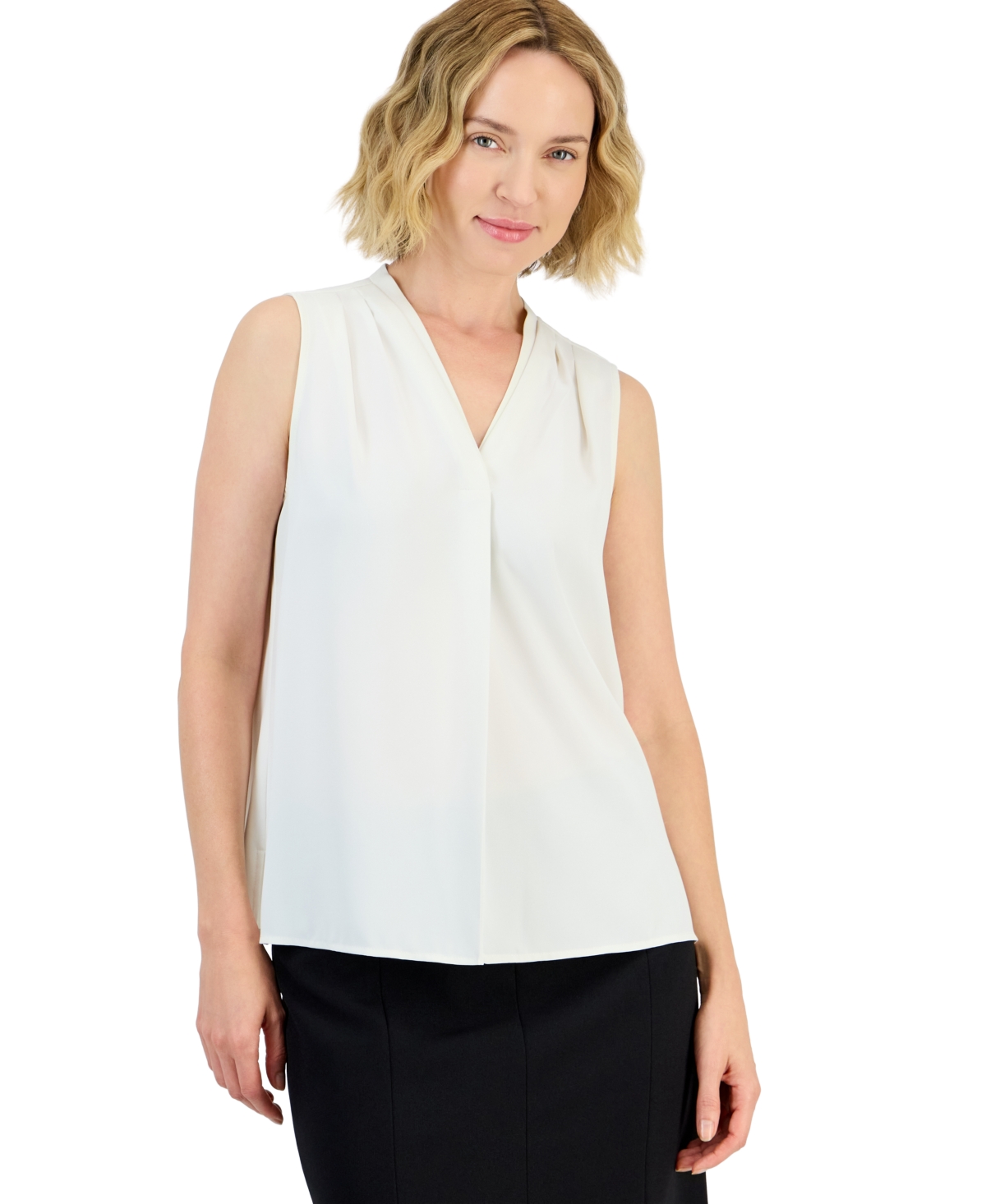 Kasper Women's V-Neck Sleeveless Pleated Blouse - Vanilla Ice
