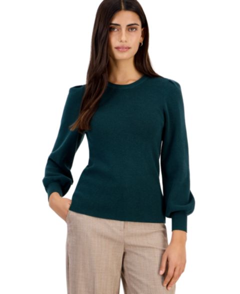 Женский свитер Anne Klein Essentials Petite Crewneck Puff Sleeve Fitted, цвет: Сосновый тёмно-зелёный