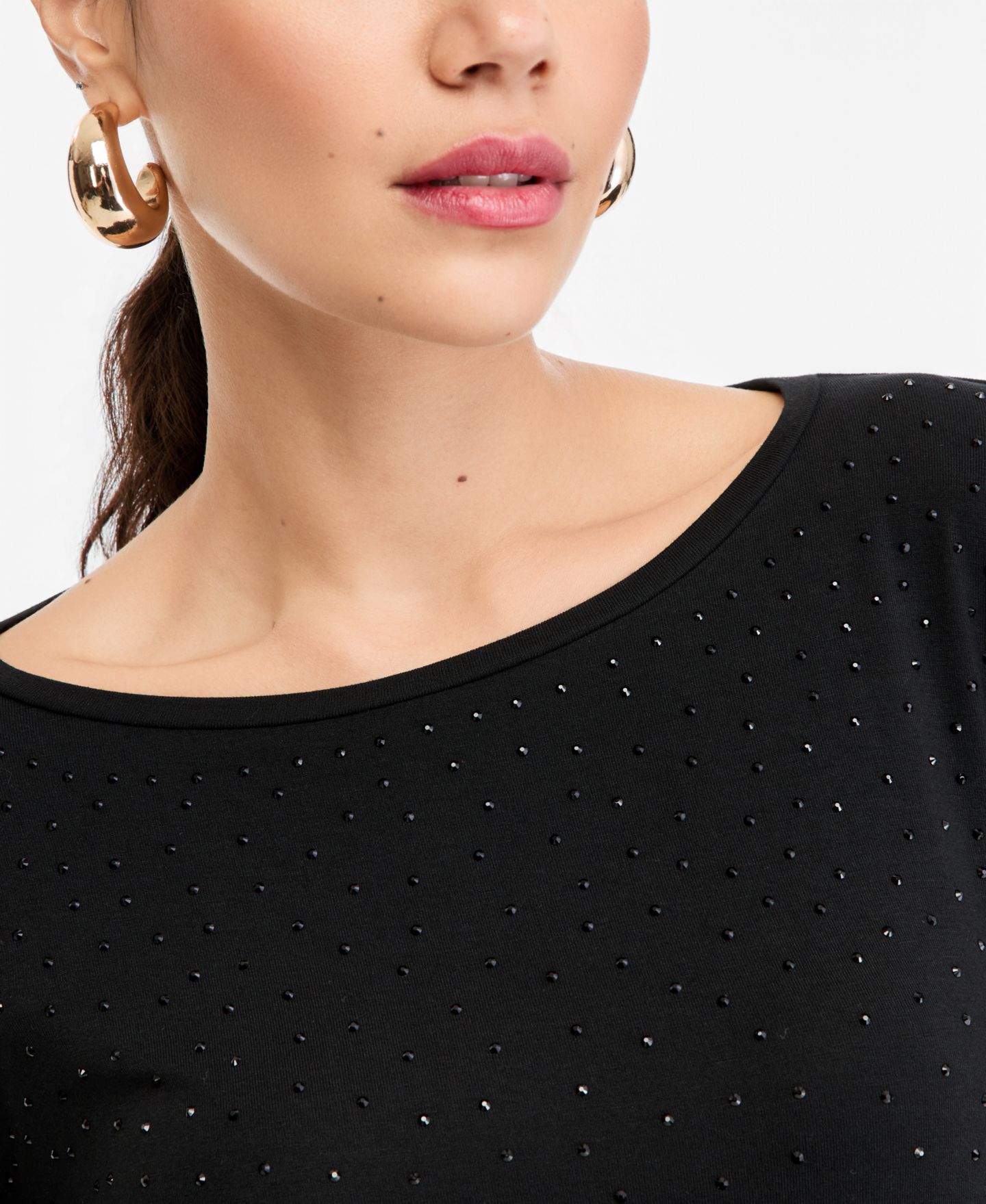 Женская футболка I.N.C. International Concepts Crystal Embellished Boat Neck Long-Sleeve, цвет: Глубокий чёрный — фото 2