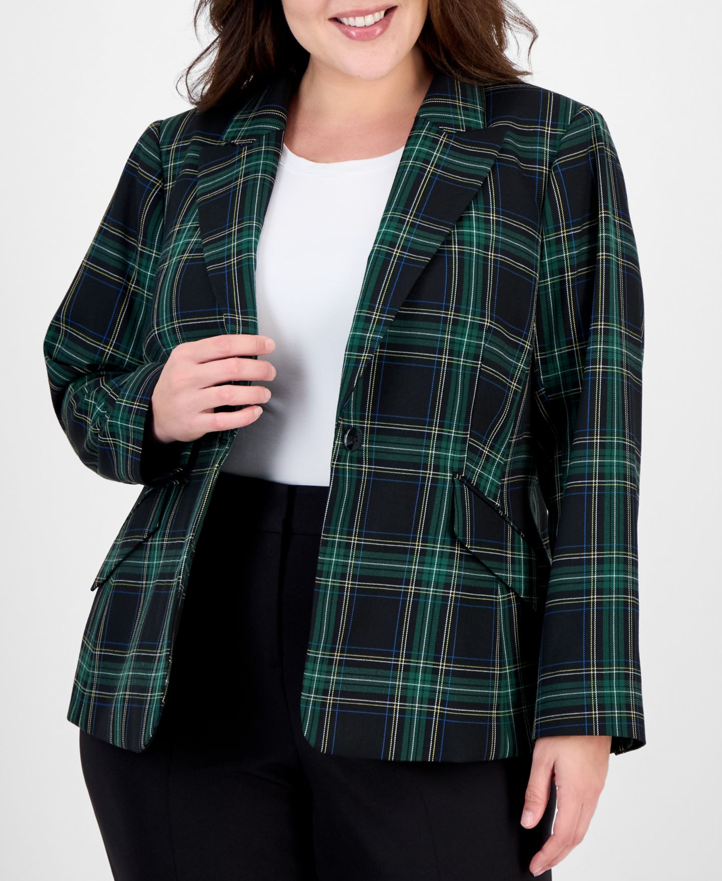 Женский пиджак Tahari Plus Size Plaid Long-Sleeve One-Button Blazer, цвет: Чёрный зимний сосновый — фото 2