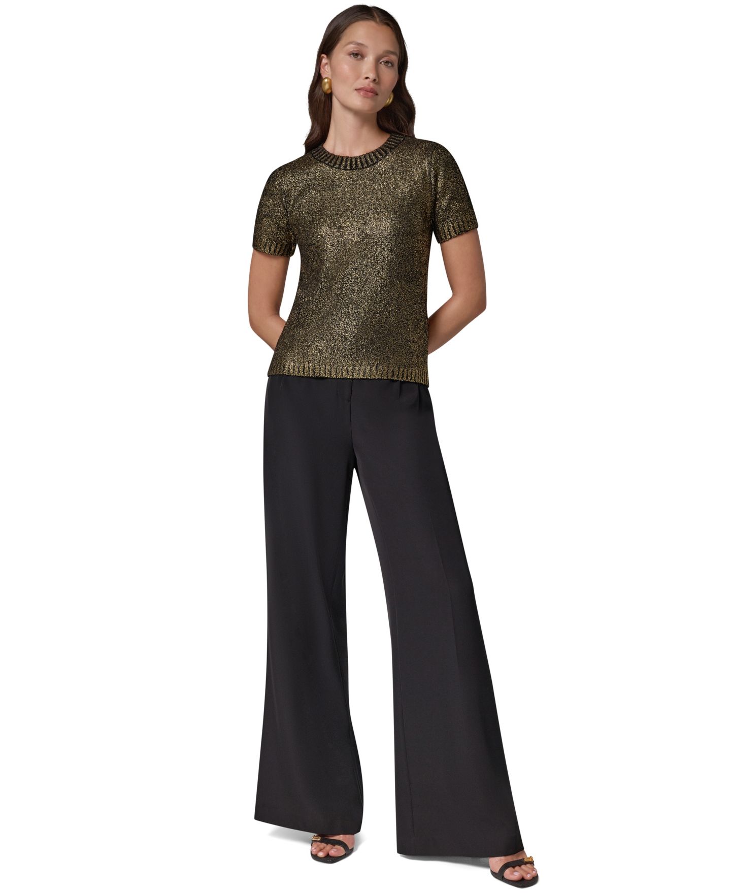 Женский свитер Donna Karan New York Foil Boucle Short-Sleeve Crewneck, цвет: Чёрный / Золотой — фото 2