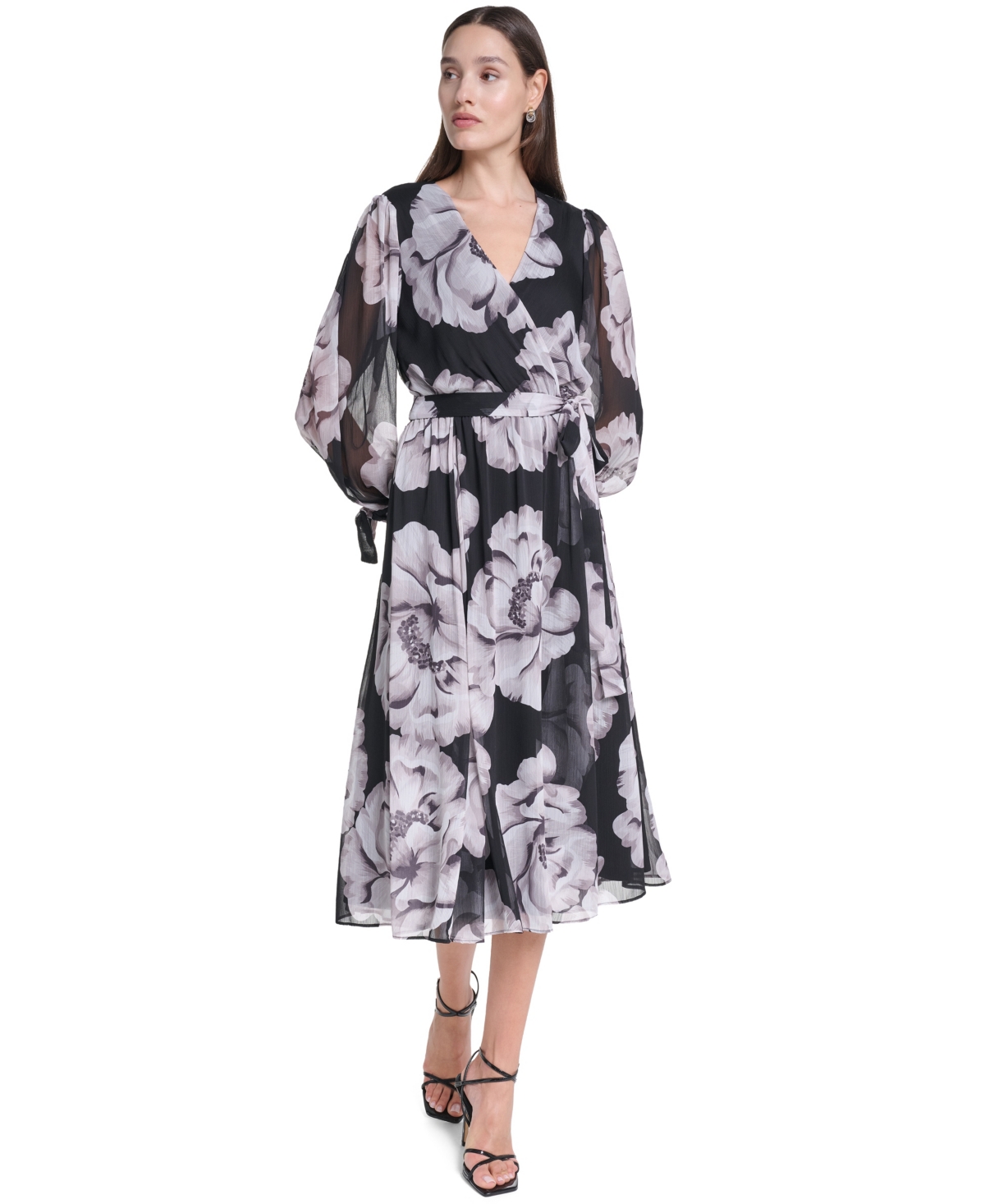 Calvin Klein Women's Floral-Print V-Neck Bishop-Sleeve Midi Dress