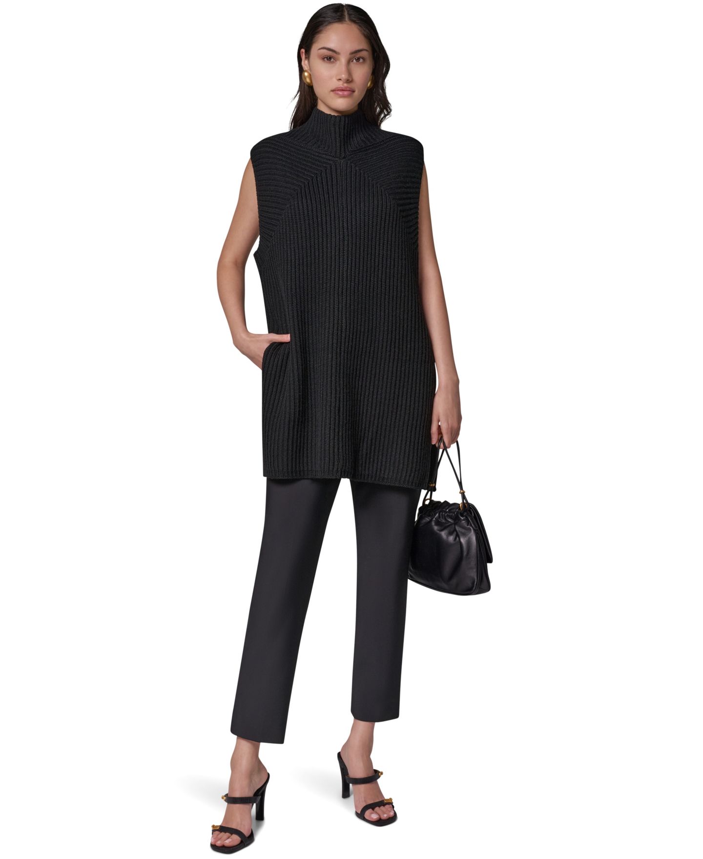 Женский свитер Donna Karan New York Mock-Neck Sleeveless Ribbed Sweater Tunic, цвет: Чёрный — фото 6