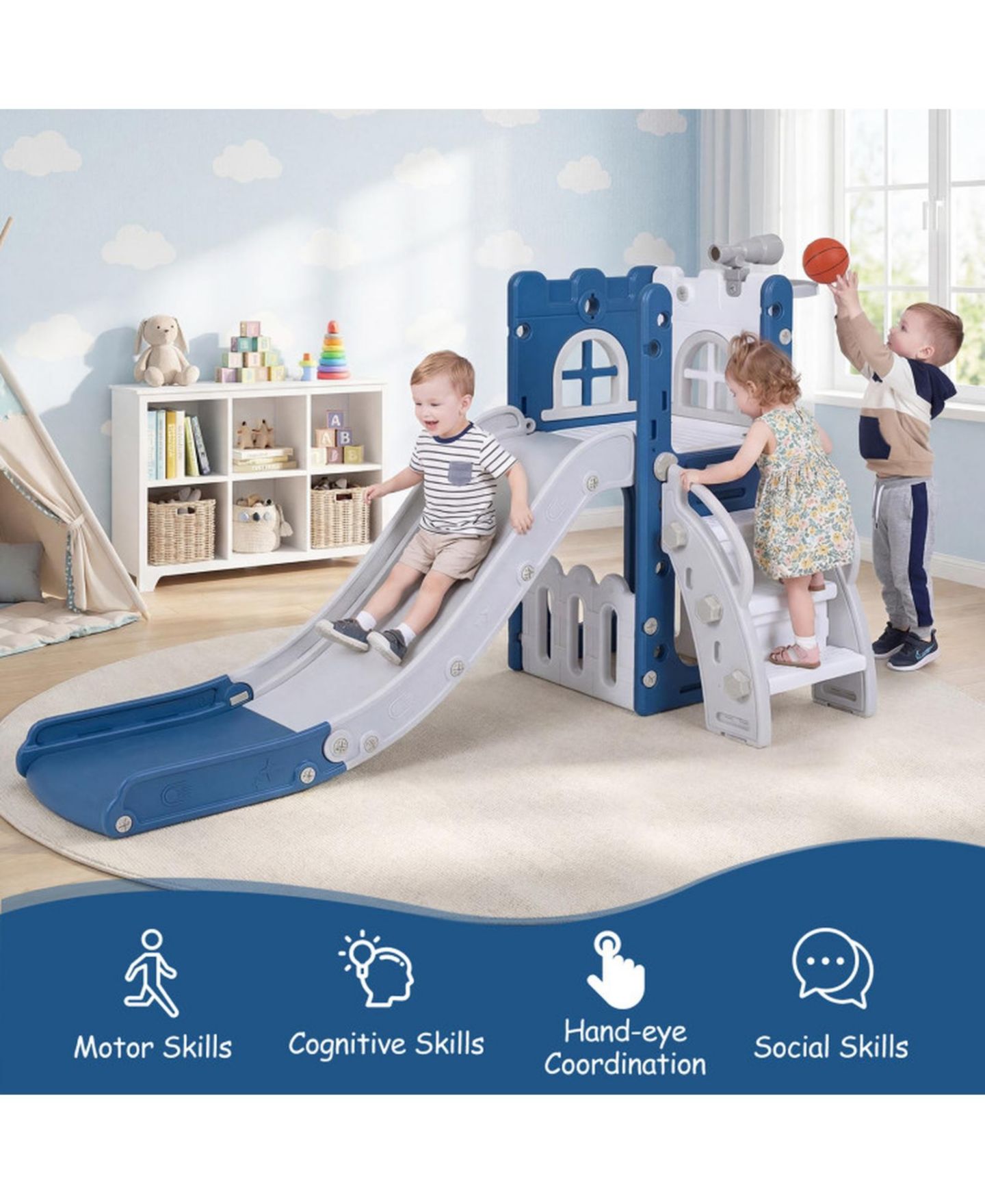 Детский игровой набор SUGIFT 6-in-1 L-Shaped Toddler Slide Climber Playset with Basketball Hoop, 27" x 57" x 33.5", 110 lbs Capacity, Ages 1-3, цвет: Синий — фото 9