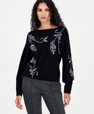 Women's Long-Sleeve Dolman Sweater with Seed Bead Embellishment