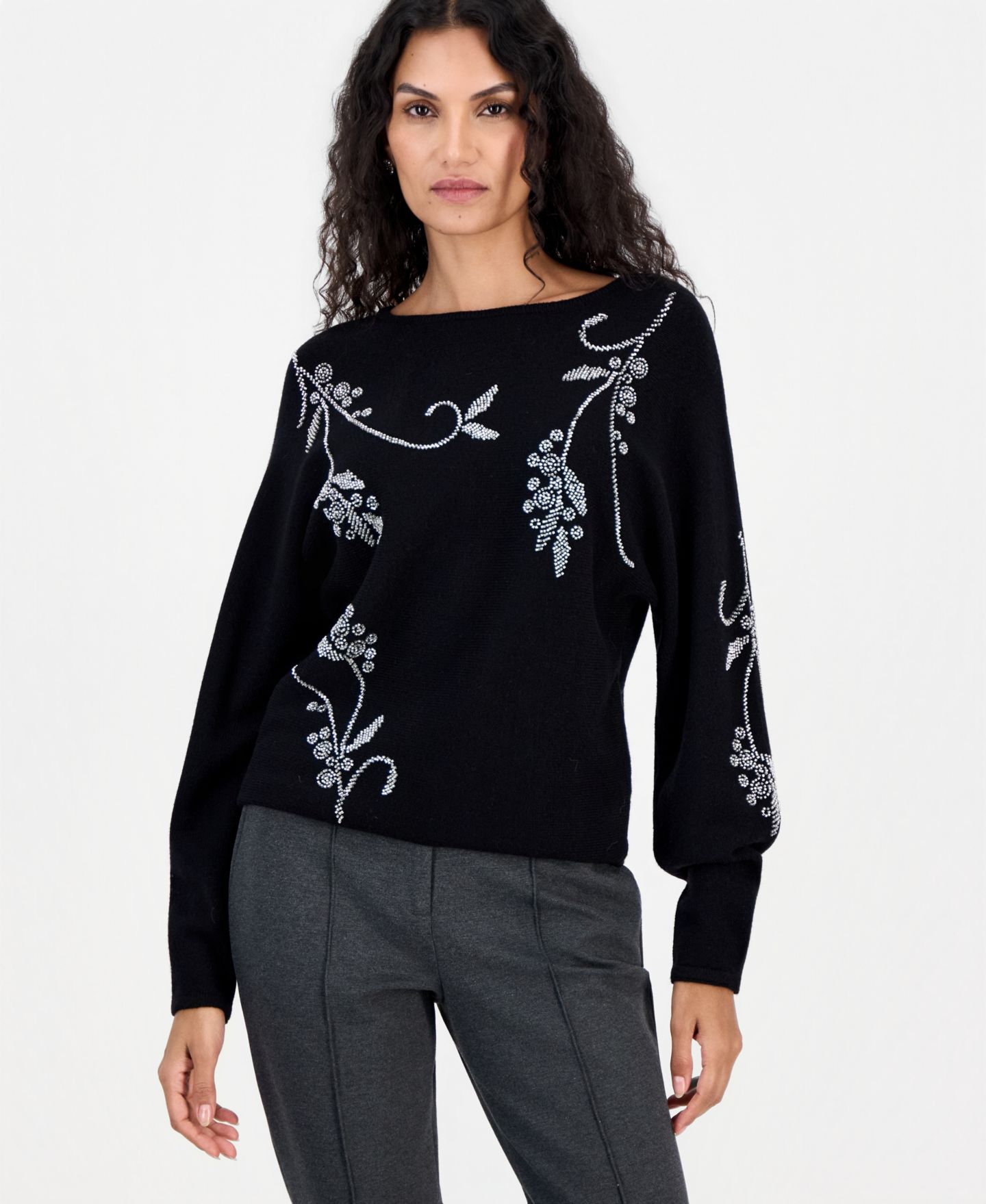 Женский свитер T Tahari Long-Sleeve Dolman with Seed Bead Embellishment, цвет: Чёрный — фото 1