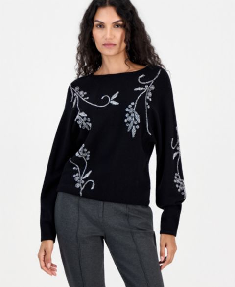Женский свитер T Tahari Long-Sleeve Dolman with Seed Bead Embellishment, цвет: Чёрный