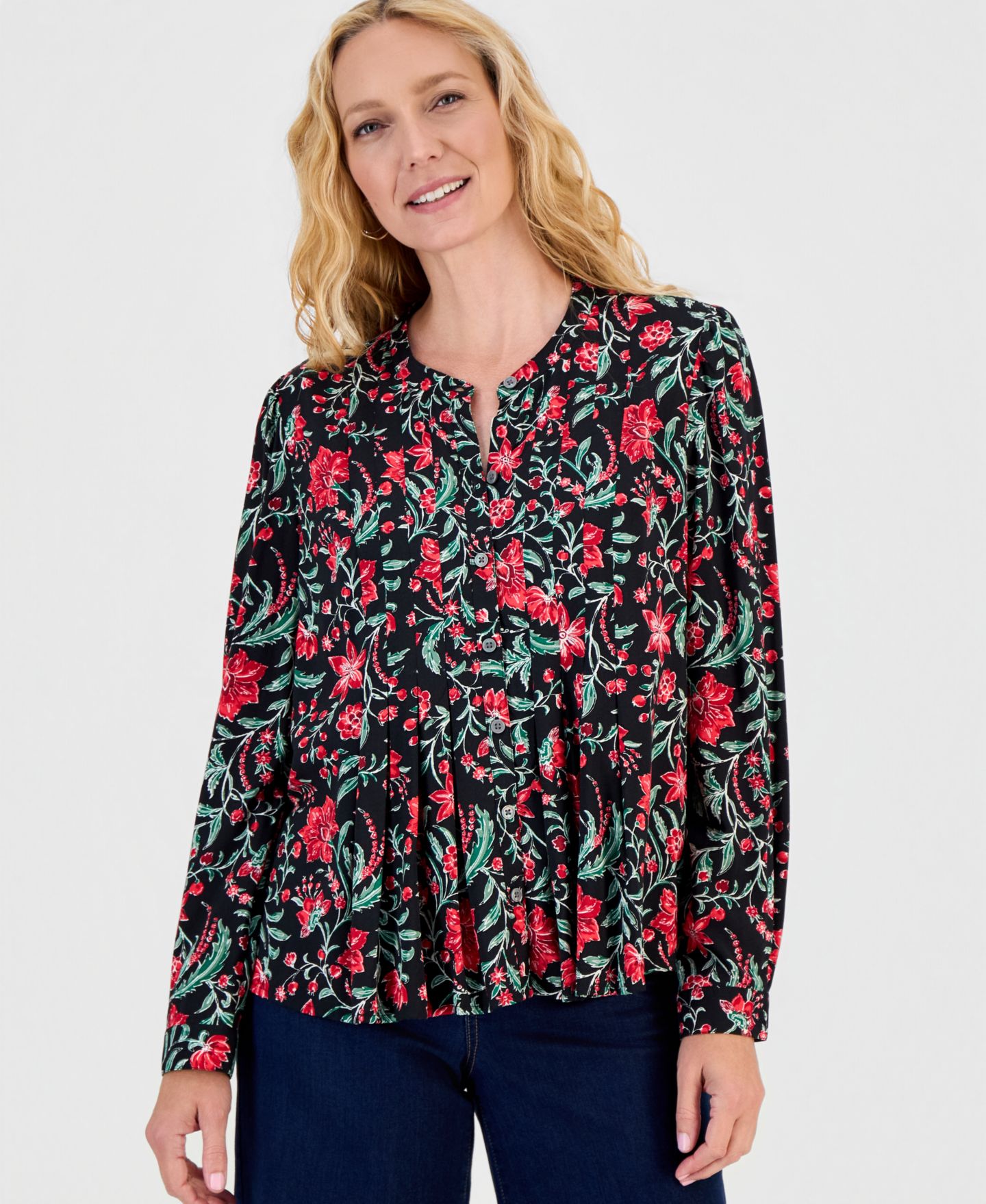 Женская блузка Style & Co Petite Floral-Print Long-Sleeve Button-Front, цвет: Holiday — фото 1