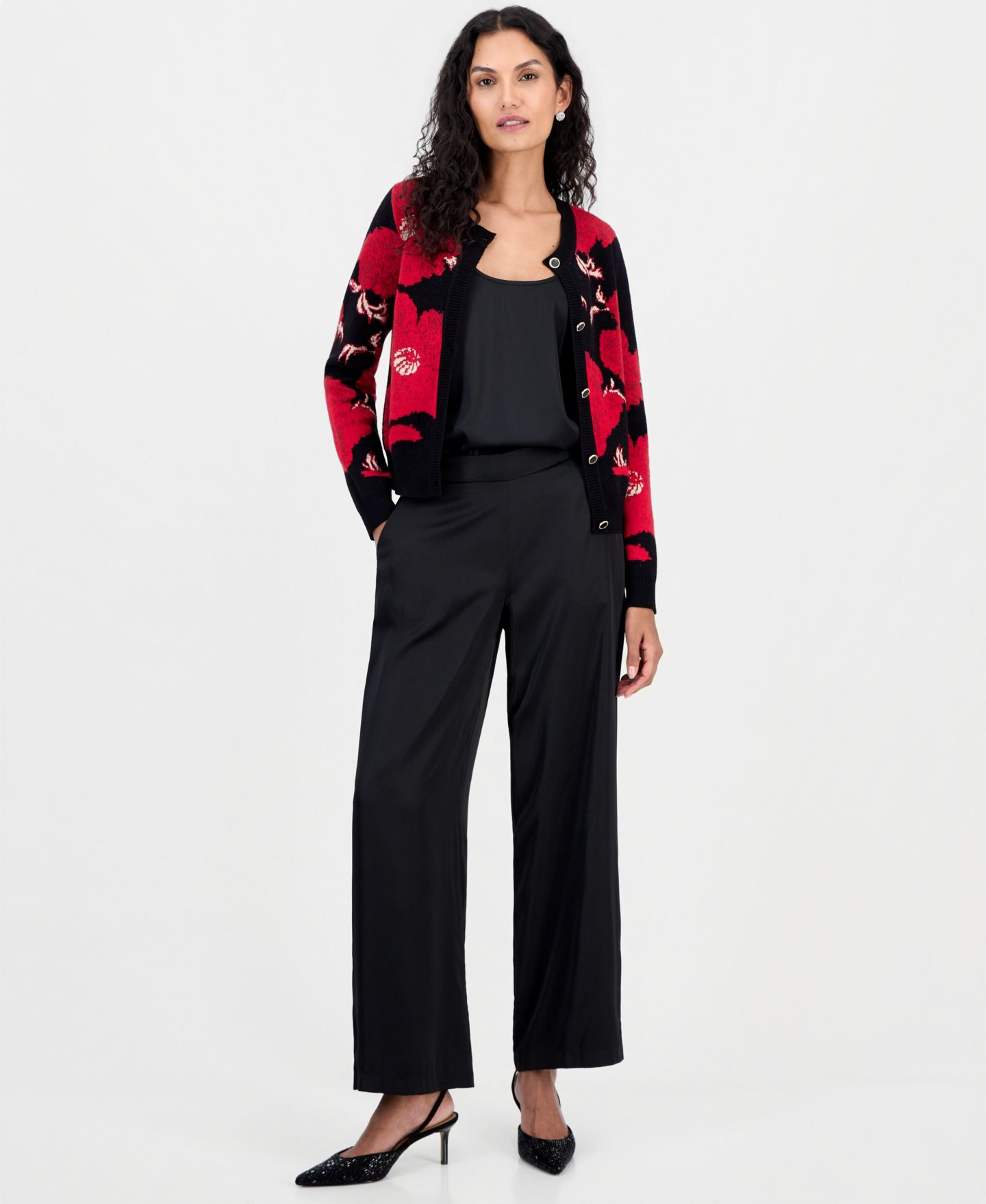 Женский кардиган T Tahari Long-Sleeve Floral-Print Jacquard, цвет: Красный бриллиантовый с принтом — фото 4