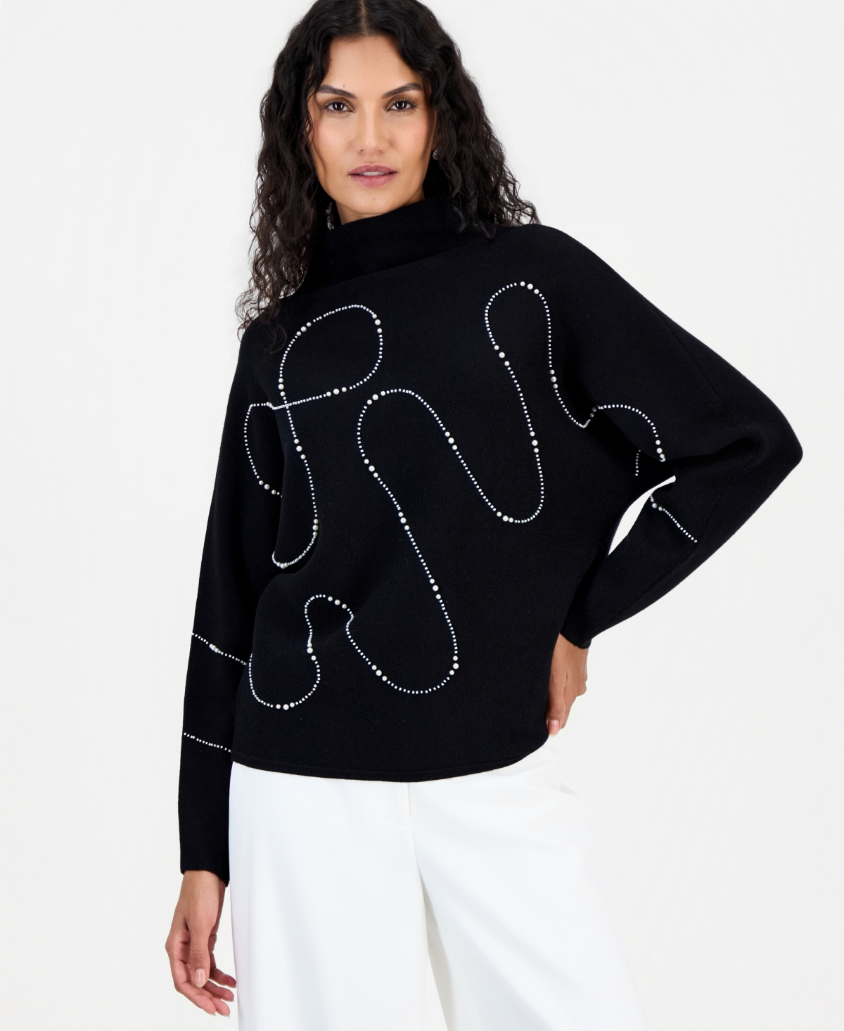 T Tahari Women's Funnel Neck Dolman Sleeve Embellished Sweater