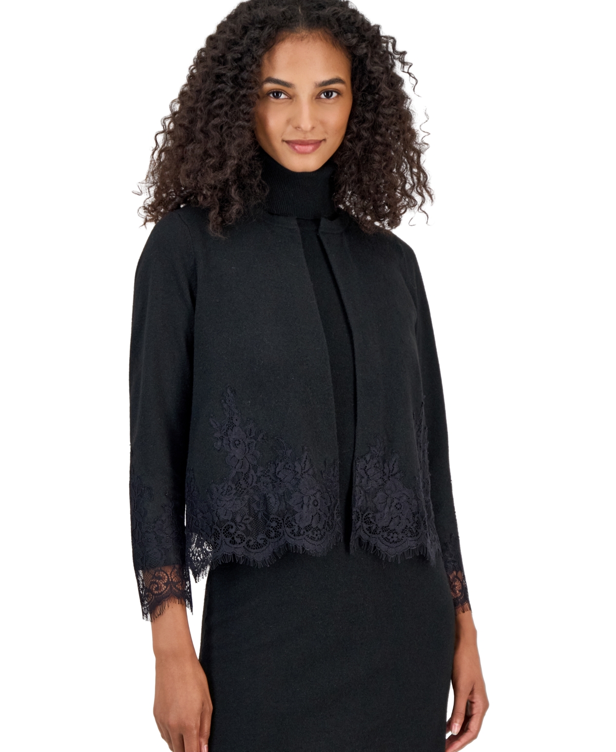 Anne Klein Women's Lace Trim Long-Sleeve Crewneck Cardigan