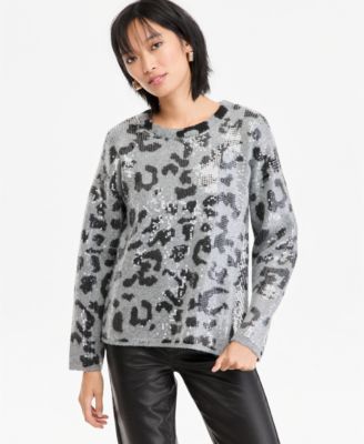 Women's Sequin Animal-Print Crewneck Sweater