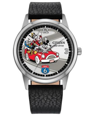 Men's Mickey's Friends Black Leather Strap Watch 40mm