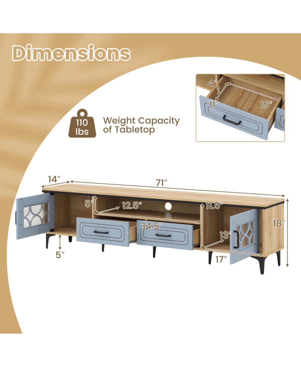 Costway 71" Tv Stand for TVs up to 80" with Open Compartment Side Cabinets & Drawers