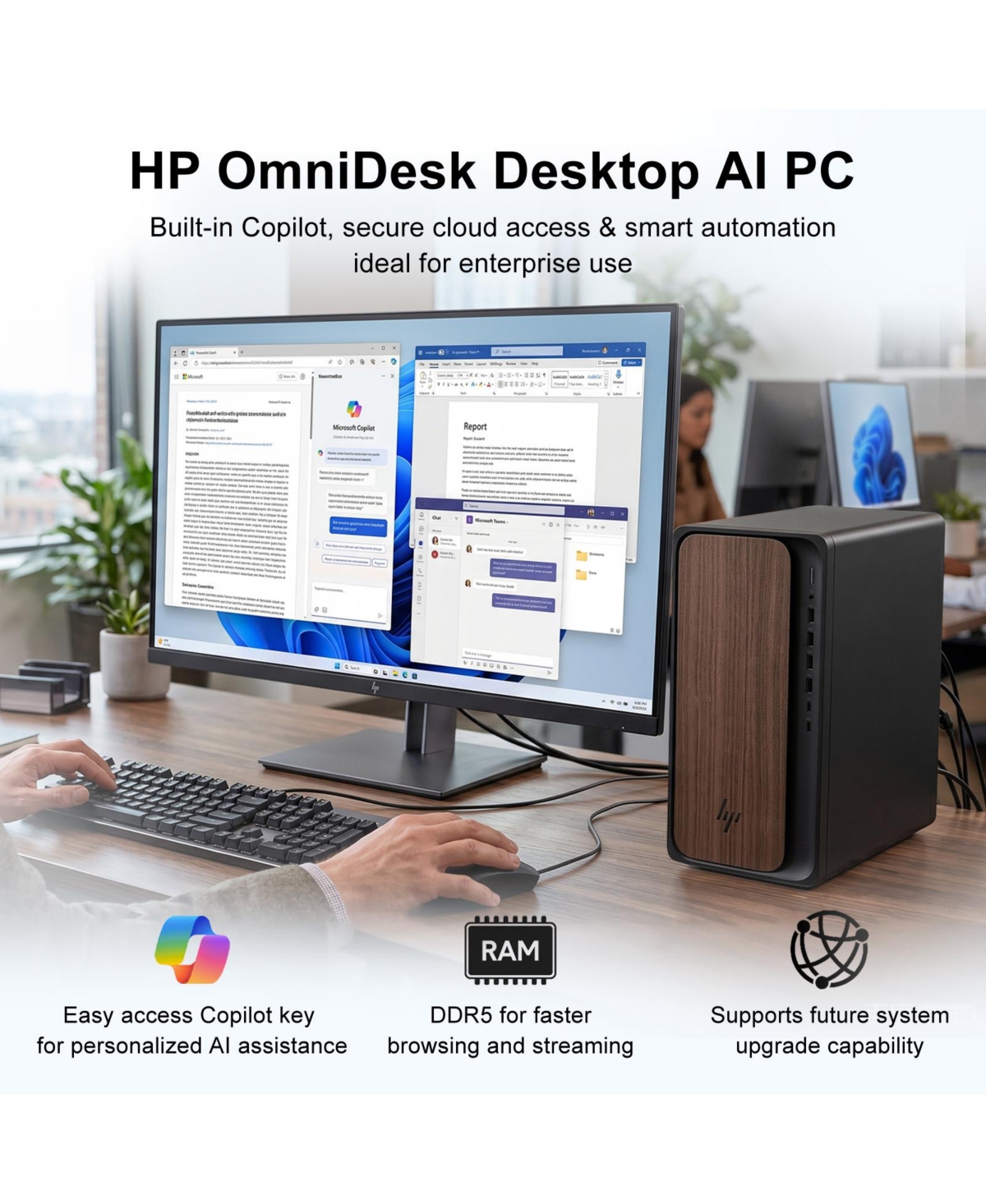 Hp OmniDesk Ai Tower Desktop, Ultra 5 225, Intel Graphics, 16GB DDR5, 1TB Ssd, Wired Keyboard and Mouse, Wi-Fi 6, Win11 Home, Black